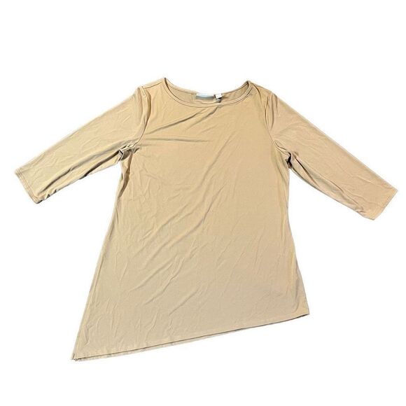 Susan Graver Tan Asymmetrical Liquid Knit Quarter Sleeves Medium Tunic Blouse - Picture 1 of 10